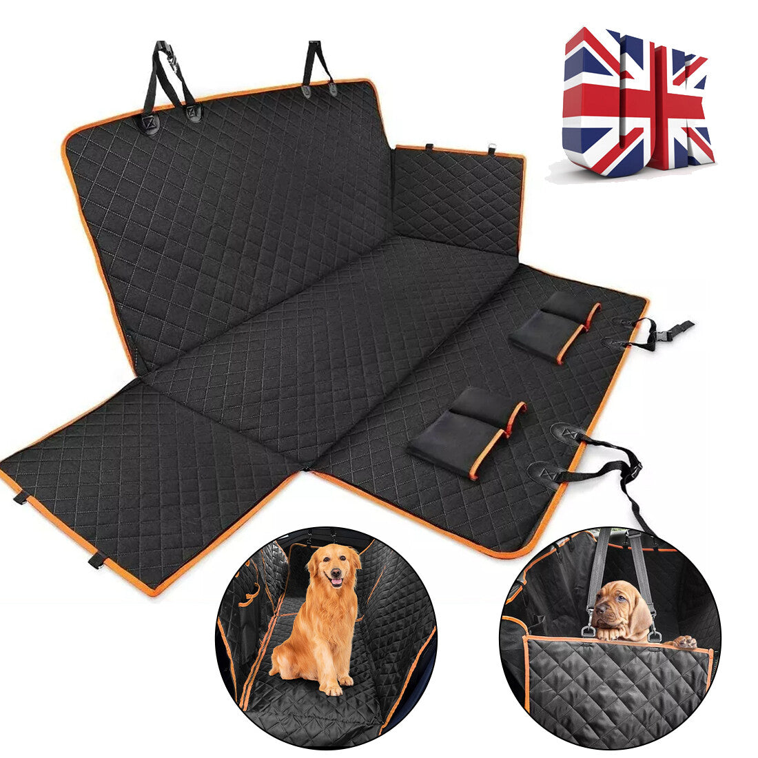 Dog car seat cover laid flat with side flaps