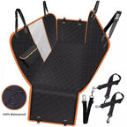 Quilted black dog seat hammock with orange trim, mesh window and straps