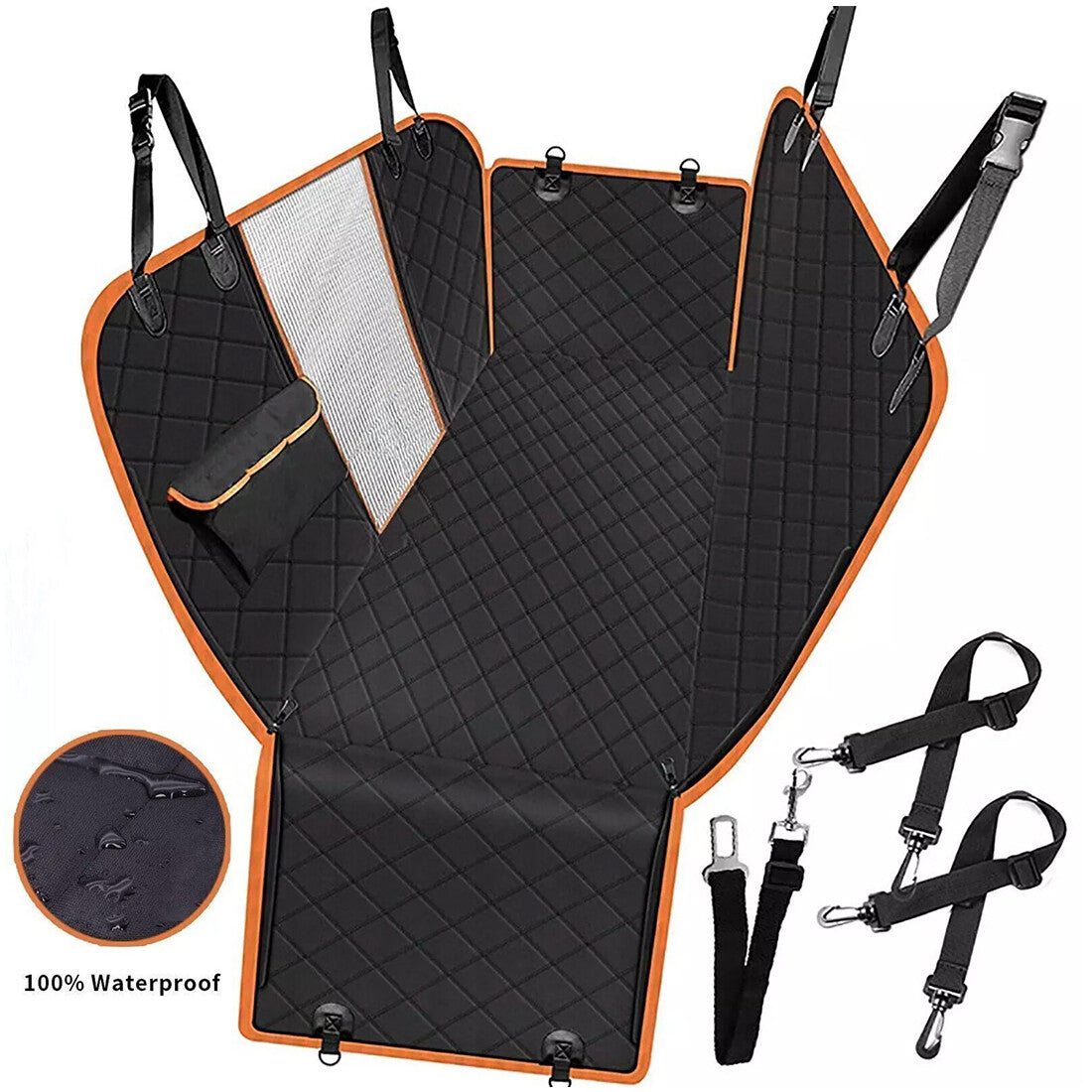 Quilted black dog seat hammock with orange trim, mesh window and straps