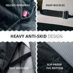Seat belt openings, snap buckles, seat anchors and non-slip backing